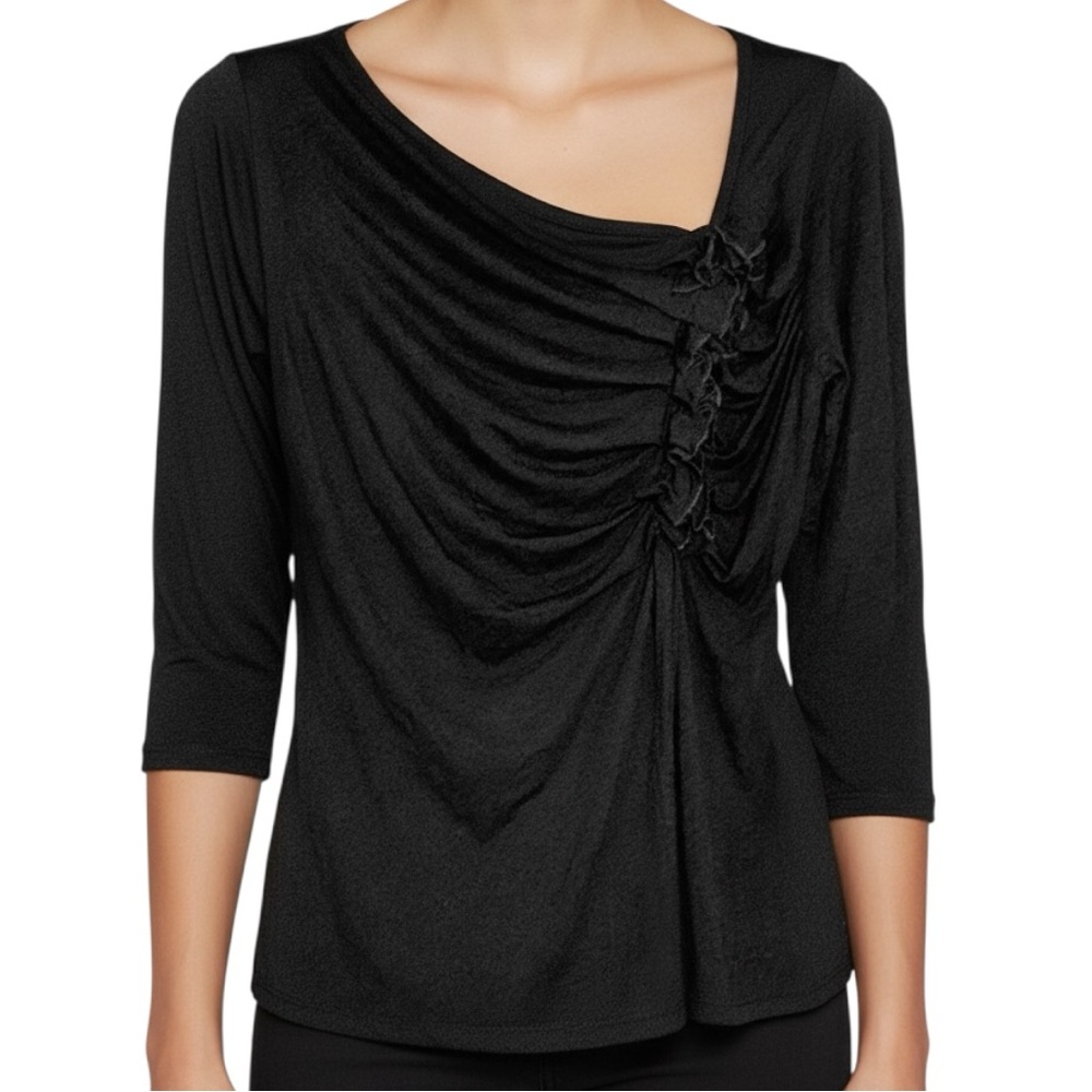 KENAR Dark Black Ruched Ruffle Top Size L Asymmetrical Neck 3/4 Sleeve Stretch